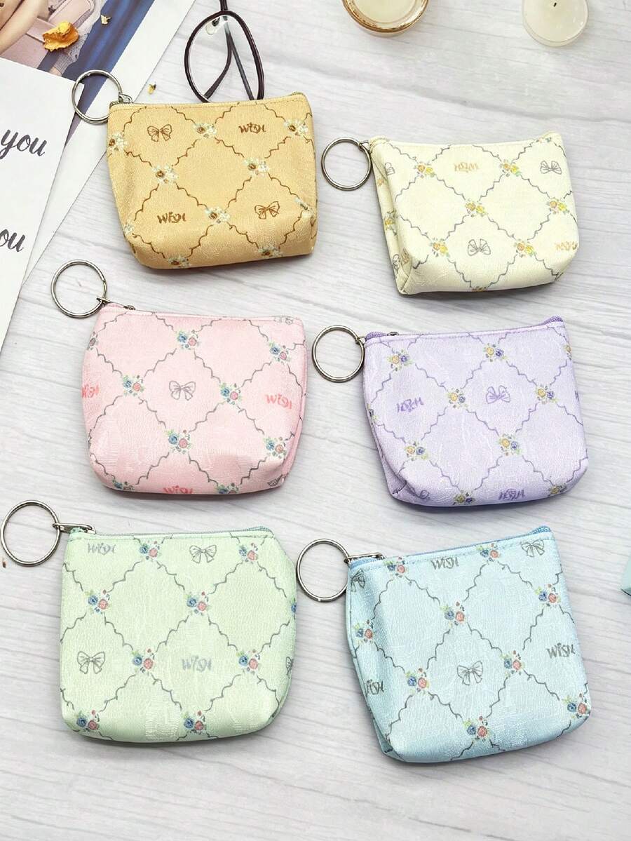 Fashionable Mini Polka Dot Print Children's Coin Purse, Bow Print, With Portable Hanging Keychain, Small Size For Storing Coins, Keys, Charging Cables, Earrings, Rings, Period Products, Mini Makeup, Back To School Storage - Multicolor - View 1