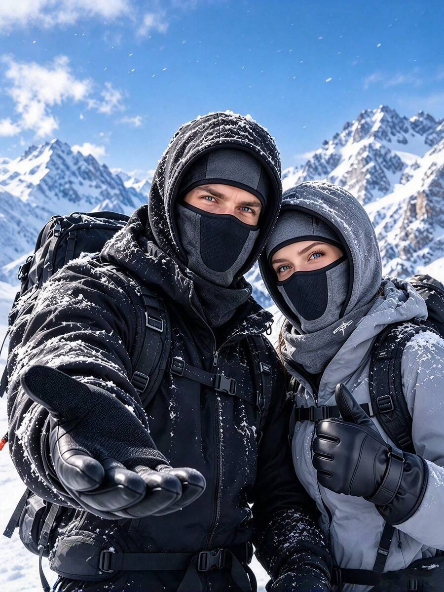 2PCS Unisex Autumn/Winter Multi-Function Cold-Proof Letter Print Balaclava Hat With PU Leather Gloves, Warm Headwear Set Suitable For Daily Outdoor Cycling - Multicolor - View 1