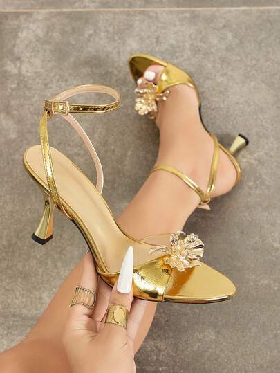 Elegant Women's High Heel Shoes, Wide Strap 3D Floral Decor Round Toe Ankle Strap Wine Glass Heel High Heel Sandals, Women's Party Evening Stiletto High Heels, Gold High Heel Shoes For Women