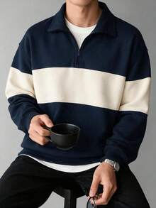 Men's Colorblock Half-Zip Stand Collar Sweatshirt, Vintage Casual Pullover Top - Navy Blue - View 1
