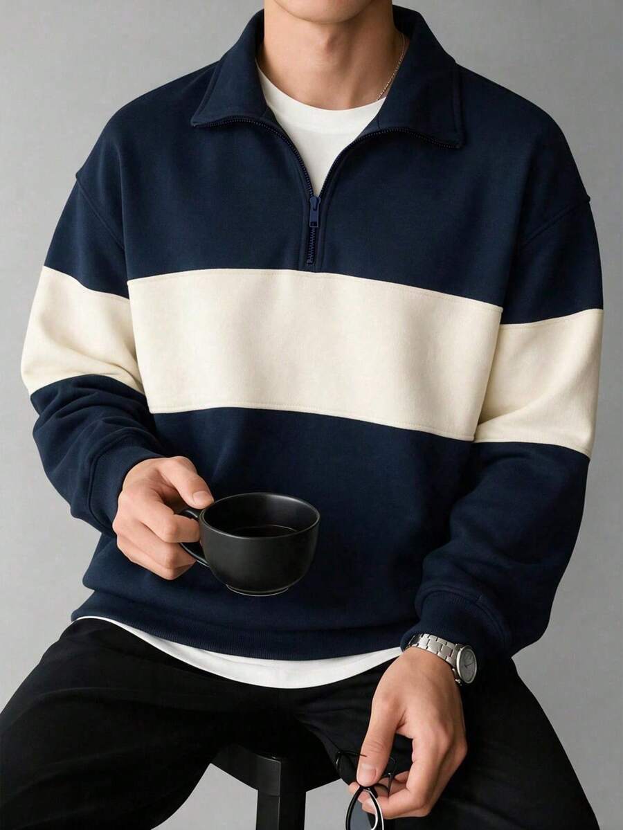 Men's Colorblock Half-Zip Stand Collar Sweatshirt, Vintage Casual Pullover Top - Navy Blue - View 1