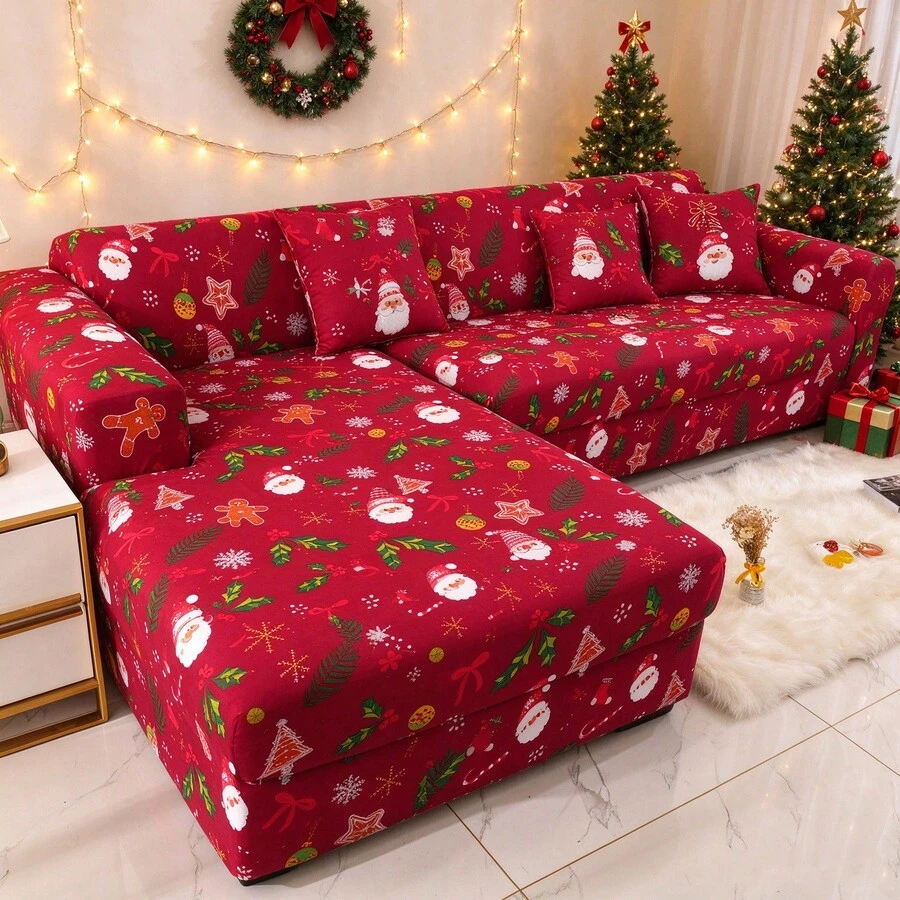 1pc Christmas Party Decorative Couch Covers (With Santa Claus, Snowflakes And Gingerbread Patterns) Polyester Fiber Sofa Cover, Christmas Home Decor - Red - View 1