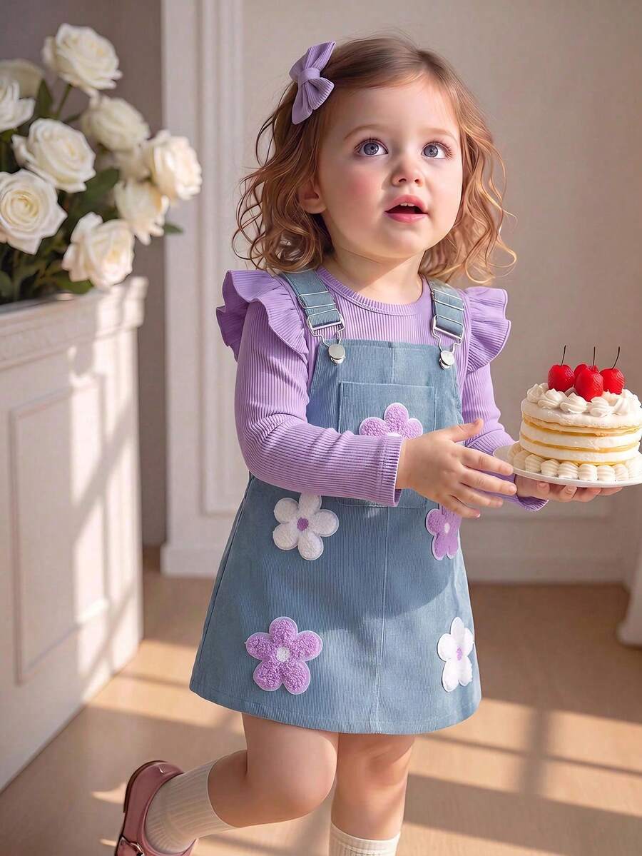 2pcs Baby Girl Cute Forest Style Long Sleeve Ribbed Corduroy Overall Dress Set With 3D Flower, Thin For Spring/Autumn - Purple - View 1