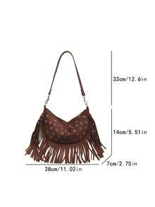 Shoulder Bag With Tassel And Metal Ring Hole Decor, Adjustable And Detachable Shoulder Strap, Zipper Closure, Western Vintage Hippie Style, Crescent Underarm Bag, Suitable For Travel, Street Photography, Daily Outings, Niche Shoulder Bag, Strong Style Atmosphere, Portable Storage, Influencer Personalized Accessory Item - Coffee - View 6