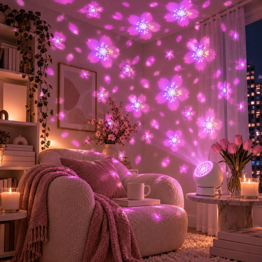 1PC Cherry Blossom Projector Light Set (Projector Lamp And Base And USB Cord), 360° Adjustable. It Projects Vivid Moving Romantic Spring Cherry Blossom Patterns. Ideal For Bedrooms, Parties, Christmas, Halloween, And Birthday Gifts