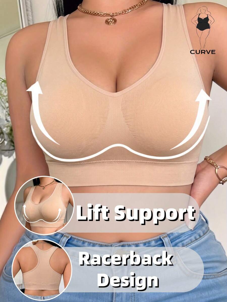 1Pc Plus Size Seamless Wireless Sports Bra Autumn Winter Thermal Racerback Lift Support Bralette Wide Strap Daily Basic Underwear - Apricot - View 1