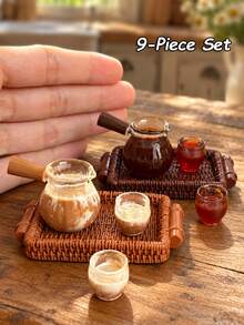Miniature Coffee And Tea Drink Model, Includes Drink Pot, Cup And Faux Woven Tray Miniature Models, Dollhouse Kitchen Accessories, Model House Cafe Scene Decoration - one-size - View 7