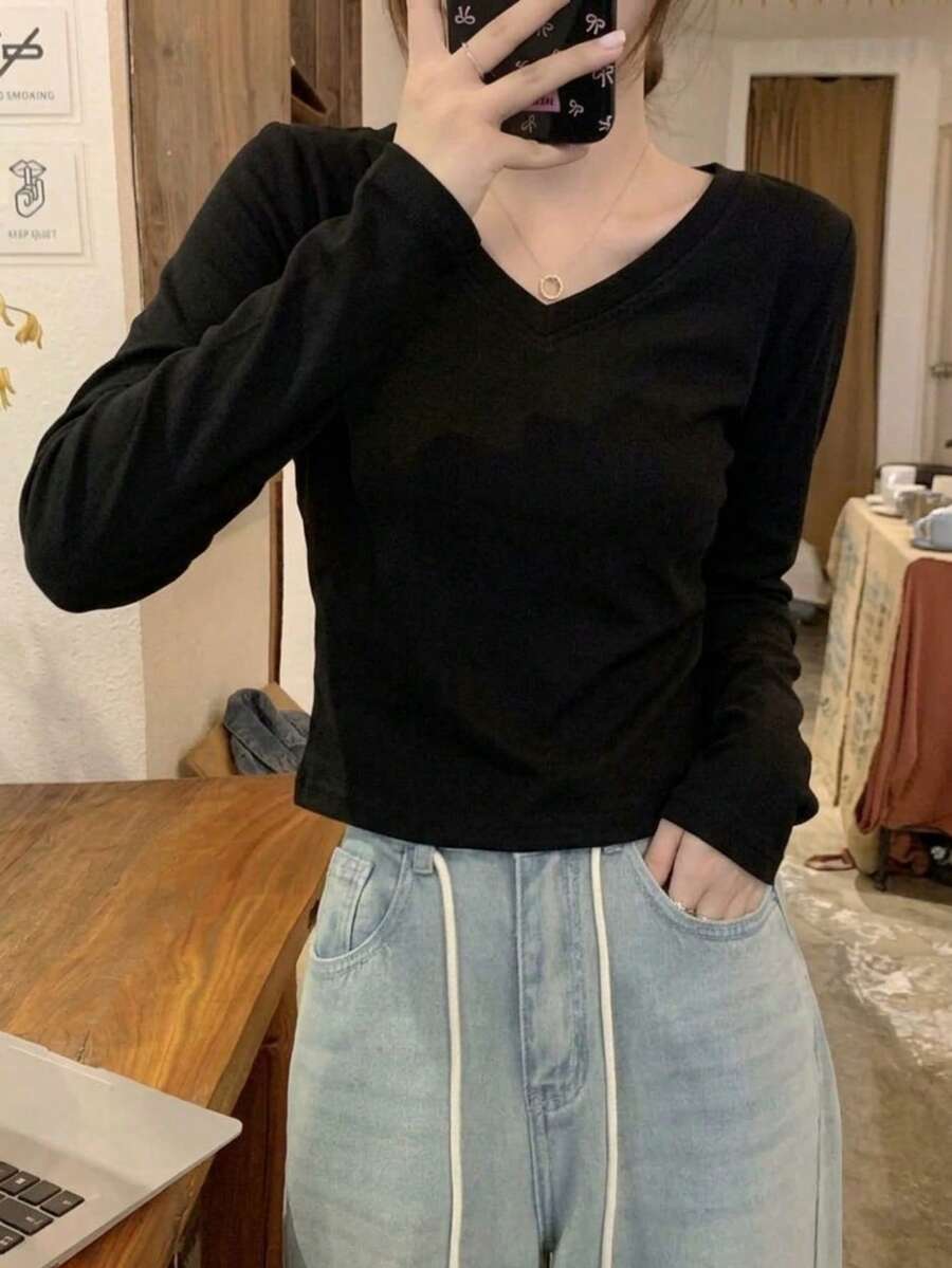 百搭V领纯色长袖打底衫女式T恤，秋冬休闲黑色春季款