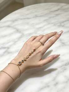 18K Gold Hand Harness Bracelet For Women, Multicolor Rectangle & Oval Gemstone Finger Chain Hand Bracelet Ring Set Dainty Hand Jewelry - Gold - View 6