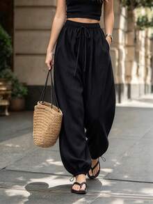 Women's Summer New Cuffed Pants With Elastic Waist And Drawstring, Loose Drape Casual Trousers, Lightweight Breathable Slouchy Long Pants - Black - View 8
