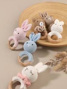 1pc Crochet Hand Bell Toy Rabbit Bear, Available In White, Pink, Blue, Beige, Brown Rabbit, Brown Bear, Baby Gift - Multicolor - View 1
