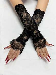 1 Pair Sexy Lace Ladies Half Finger Gloves, Lightweight Sheer Mesh Long Sleeve Arm Sleeves For Summer UV Protection And Performance - Multicolor - View 16