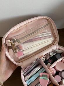 Soft Puffy Quilted Heart Embroidered Makeup Bag, Portable Travel Toiletry Bag With Handle - Pink - View 7