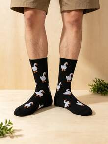 1 Pair Men's Funny Duck Print Mid-Calf Socks, Versatile Black Cartoon Socks, Personalized Daily Wear Socks, Black Cartoon Duck Print Mid-Calf Socks - Multicolor - View 1
