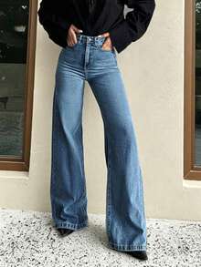 Women's High Waist Wide Leg Jeans, Elegant Fashion, Casual Versatile, Simple Comfortable, Home & Commute, Washed Denim Jeans, Suitable For Autumn Wear, Autumn Outfit Matching, Also Suitable For Winter Outfit Matching - Medium Wash - View 2