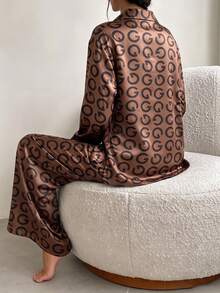 2pcs/Set Women's Satin Pajama Set, All-Over Geometric Print Lapel Deep V-Neck Long Sleeve Top And Pants, Smooth Faux Silk Loungewear - Brown - View 3