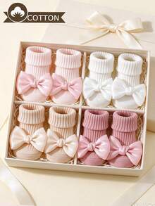 4 Pairs Baby/Toddler Girls' Cotton Bow Decor Non-Slip Crew Socks, Suitable For Indoor Floor Use When Crawling/Learning To Walk, All Season - Multicolor - View 2