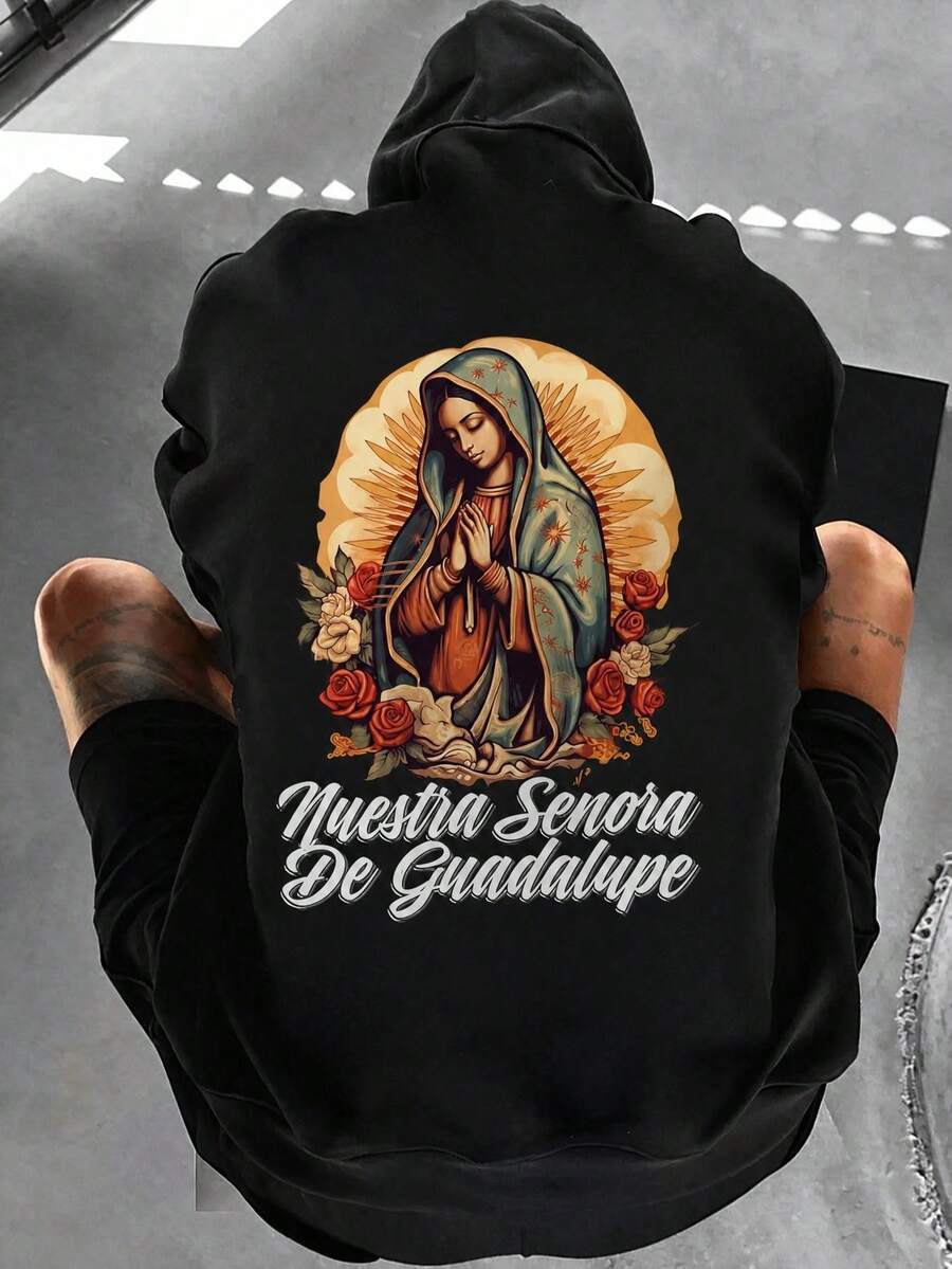 1 Pieza sudadera con capucha para hombre, cómoda, estampado Virgen de Guadalupe, estilo streetwear casual, ideal para uso diario o festividades religiosas - Negro - Ver 1