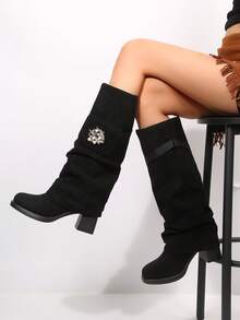 Women's Knee-High Round Toe Straight Leg Ruched Metal Buckle Mid-Calf Boots With Chunky Heel - Black - View 6