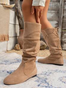Women's Suede Ruched Mid-Calf Boots, Round Toe, Back Lace-Up, Flat Sole, Slouchy Boots, Casual, Versatile, Daily Commute, Outdoor Wear - Apricot - View 2