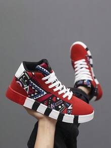 Sepatu Sneakers Kasual Pria Model High-Top Warna Merah Vintage dengan Patchwork Pola Geometris dan Sol Bergaris Hitam Putih - hitam merah - View 5