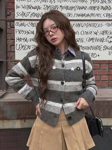 Women's Vintage Striped Cardigan With Button Closure, Long Sleeve Round Neck Regular Fit Fabric Knitwear For Fall & Winter - Grey - View 1