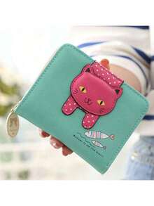 2026 New Korean Style Girls Short Wallet, 2-Fold Mini Cute Student Fresh Zipper Cat Leather Purse - Green - View 1