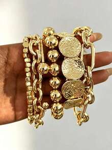 6/1pc Minimalist Elegant Women's Round Patchwork Elastic Bracelet Bangle Set, Suitable For Dating,Wedding, Daily Wear, Stackable, Perfect Gift Choice - Yellow Gold - View 1