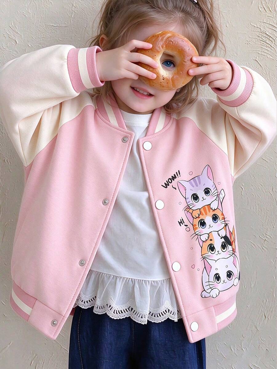 Lurzo Girls' Fun Heart Cat Pattern Cartoon Print Cardigan Jacket, Button Design, Comfortable Fabric, Children's Casual Outdoor Daily Outerwear - Pink - View 1