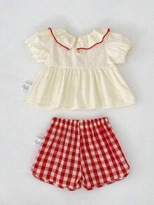 Summer New Baby Girl Outfit, Cute Girls Set, Ruffle Collar Short Sleeve Top + Red Plaid Shorts Set, Casual 2-Piece - Red - View 5