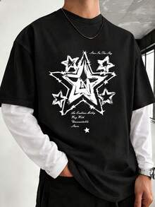 Men's Spring/Autumn 2 In 1 Long Sleeve T-Shirt, American Retro Graffiti Star Streetwear Base Layer Top - Black - View 6