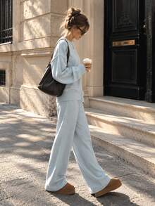Women's Casual Oversized Round Neck Sweater & Wide Leg Pants Two Pieces Set, Medium Stretch Light Blue Knit Outfit For Fall & Winter Daily Wear - Mint Blue - View 3