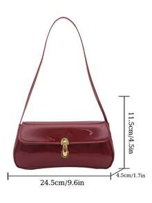 Women Glossy Patent Leather Shoulder Bag, Vintage Rectangular Baguette Purse With Gold Metal Lock, Elegant Solid Color Handbag For Party Daily Wear - Red - View 6