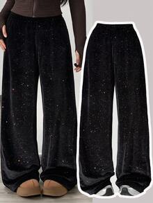 Lurzo Fashionable Girls Streamlined Gold Shiny Satin Wide Leg Pants, Suitable For Spring, Autumn, Winter Gatherings And Daily Outdoor Occasions - Black - View 1