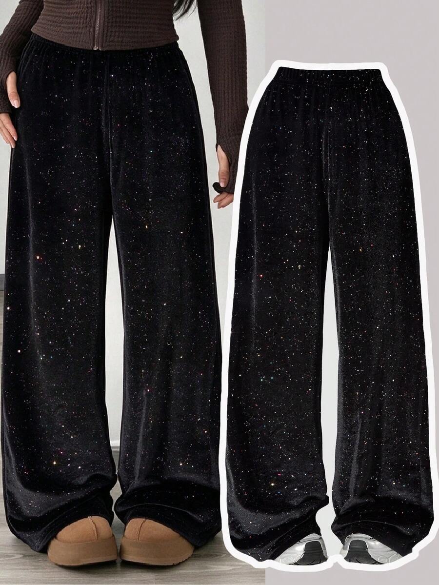 Lurzo Fashionable Girls Streamlined Gold Shiny Satin Wide Leg Pants, Suitable For Spring, Autumn, Winter Gatherings And Daily Outdoor Occasions - Black - View 1