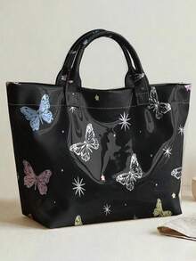 1pc Lavender Butterflies Print Glossy PVC Tote Bag,Large Capacity,Top Handle,For Beach,Commute & Daily Use,Versatile And Practical.Ideal Gift Item - Black - View 10