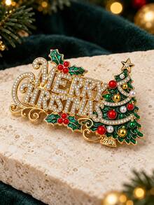 1pc Santa Claus/Christmas Tree Shaped Rhinestone Brooch, Gold Tone Merry Christmas Letter Enamel Pin, Vintage Exquisite Holiday Accessory, Suitable For Coats, Sweaters, Scarves And Bags Decoration, Christmas Party Outfit And Holiday Gift - Multicolor - View 9