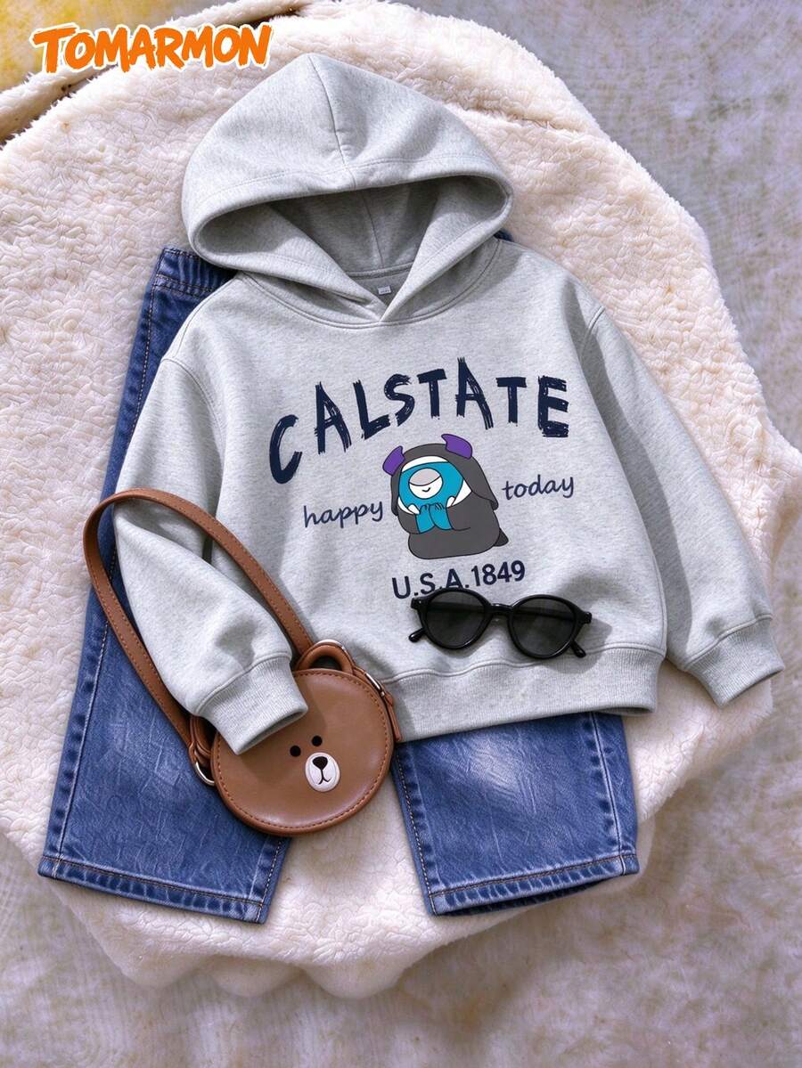TOMARMON Sweatshirt Hoodie Motif Huruf Karakter Kartun untuk Remaja Perempuan, Lengan Panjang dengan Bahu Longgar, Model Kasual untuk Sehari-hari - Grey - View 1