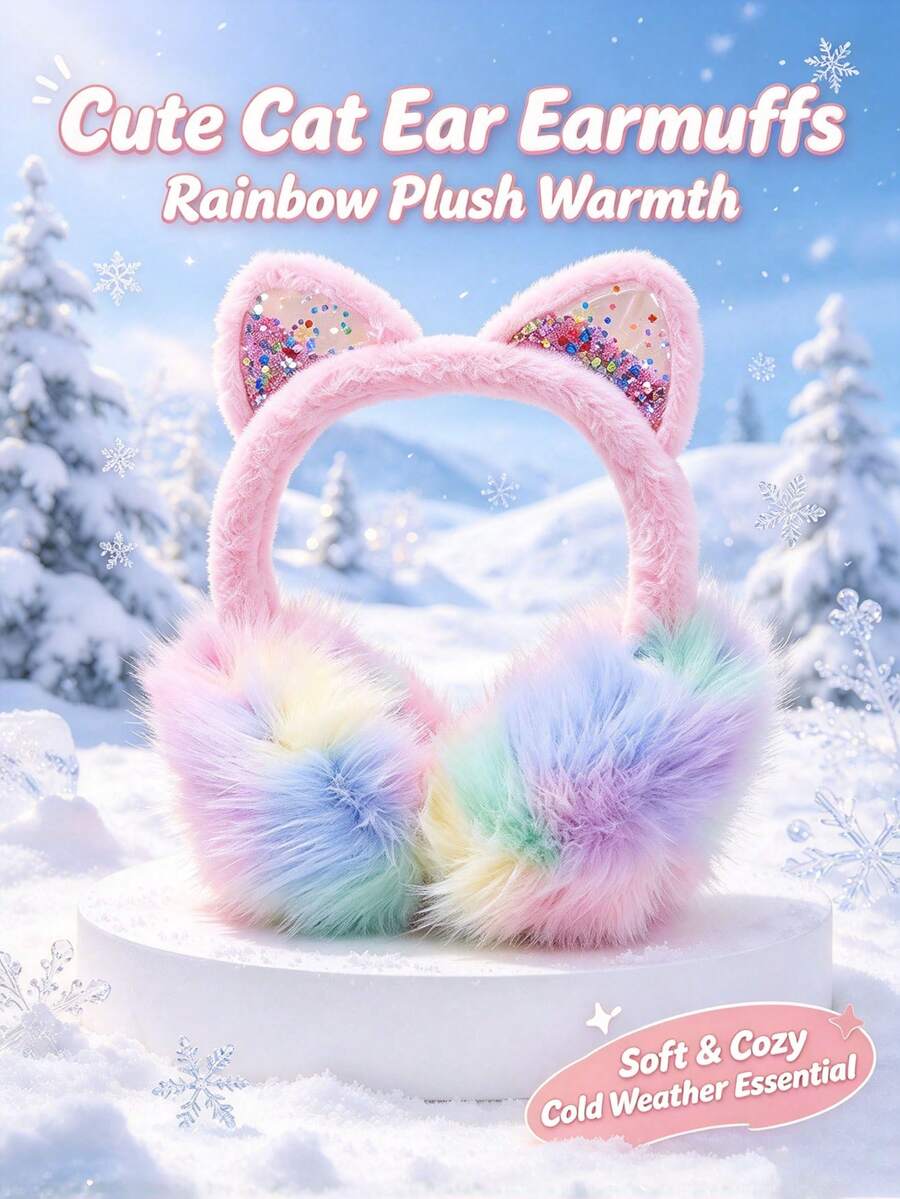 1pc Cat Ear Quicksand Sequin Decor Soft Faux Fur Fluffy Cute Rainbow Earmuffs, Suitable For Winter Daily, Christmas Party, Outdoor - Multicolor - View 1