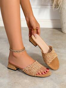 Women's Lace Trim Carved Breathable Open Toe Square Toe Chunky Mid Heel Elegant Suede Camel Color One Strap Sandals For Party, Date, Daily Wear And Outings - Camel - View 2