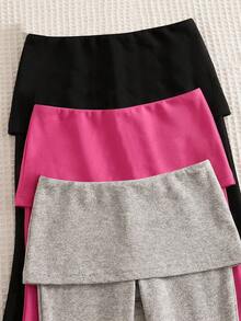 0-3 Years Old Girls Skort Combo, Knitted 2 In 1 Flared Pants, Versatile Casual Long Pants For Autumn/Winter, 3-Color Set - Multicolor - View 3