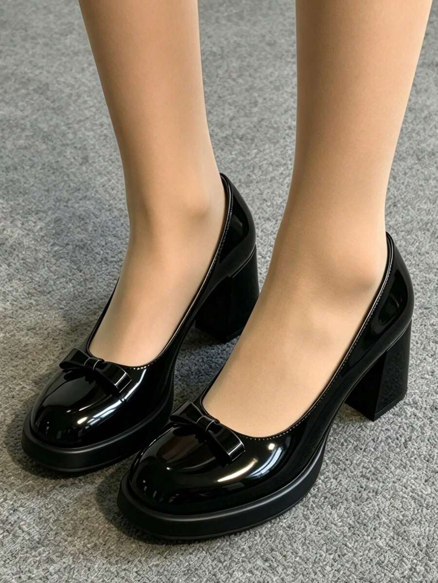 Women's Patent Leather Bow Decor Chunky Square Heel Pumps, Round Toe Thick Sole Slip-On High Heels, Suitable For Office, Party, Daily Wear - Black - View 1