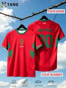 Men's Customized Moroccan Atlas Lion Print Football Jersey, Personalized Name & Number Soccer Shirt, Fan Gear, Training & Daily Wear Gift - Red - View 2