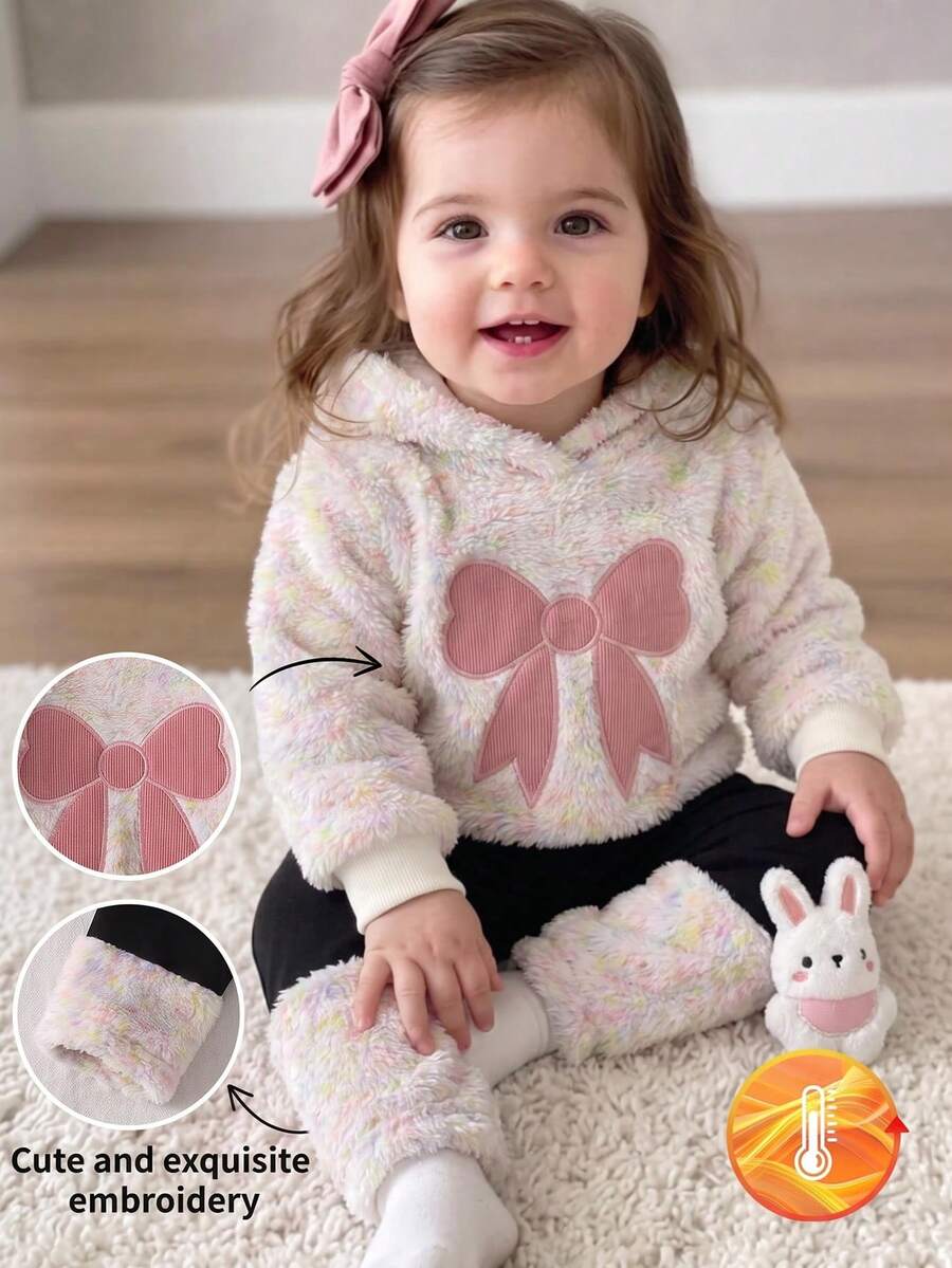 2pcs Baby Girl Cute Bow Embroidery Patchwork Thick Fleece Hooded Sweatshirt & Leggings Set, Thick Style For Autumn/Winter - Black and White - View 1