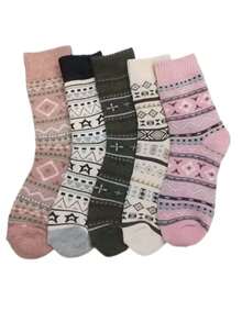 1/3/5/6 Pairs Of Ladies Retro Winter Warm Socks Geometric Pattern Medium Thick Knitted Socks, Comfortable Casual Warm Socks For Cold Weather - Multicolor - View 5