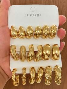 6-18pcs Gold Metal C-Shaped Hoop Earrings Set, Twisted Thick Spring Texture Earrings, Vintage Luxury High-End Versatile Layered Ear Jewelry - Gold - View 7