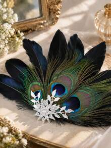 Vintage 1920s Peacock Feather Hair Clip,Rhinestone Decor Black Feather Barrette,Glamorous Hair Accessory For Women Cocktail Party Prom Wedding Costume - Multicolor - View 6