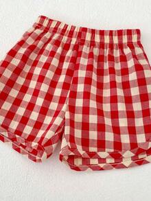 Summer New Baby Girl Outfit, Cute Girls Set, Ruffle Collar Short Sleeve Top + Red Plaid Shorts Set, Casual 2-Piece - Red - View 9