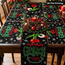 The Grinch 桌旗與餐墊套組，聖誕桌旗，13 * 72 英吋桌布，適用新年、冬季、聖誕裝飾，居家派對餐桌 - 彩色 - 查看 1