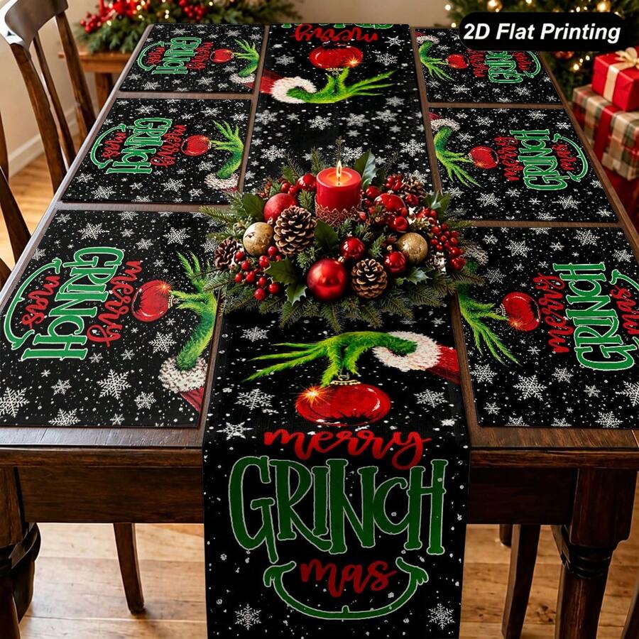 The Grinch 桌旗與餐墊套組,聖誕桌旗,13 * 72 英吋桌布,適用新年、冬季、聖誕裝飾,居家派對餐桌 - 彩色 - 查看 1